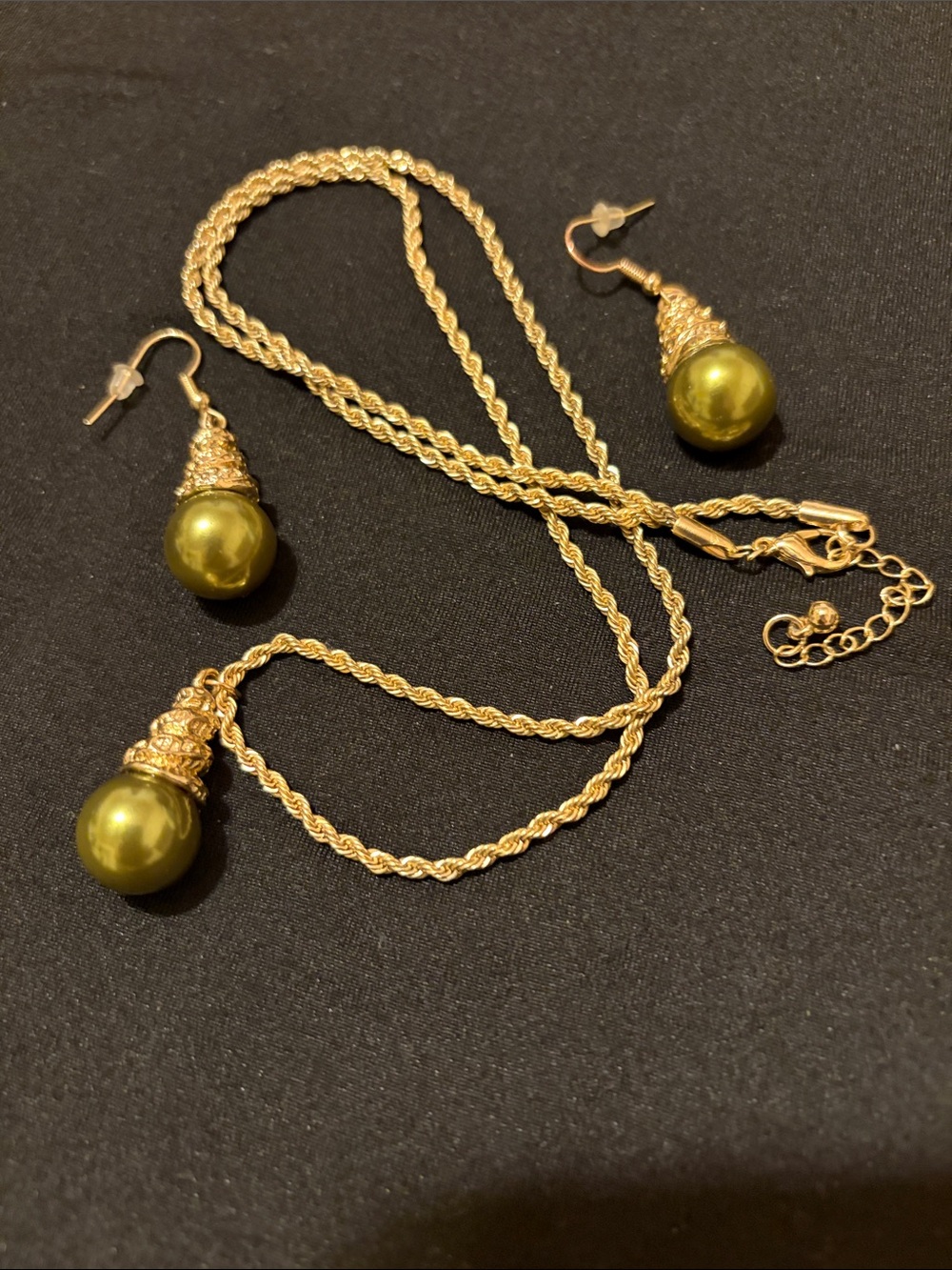 Gold-Tone Necklace & Drop Earrings with Olive-Green Pearls